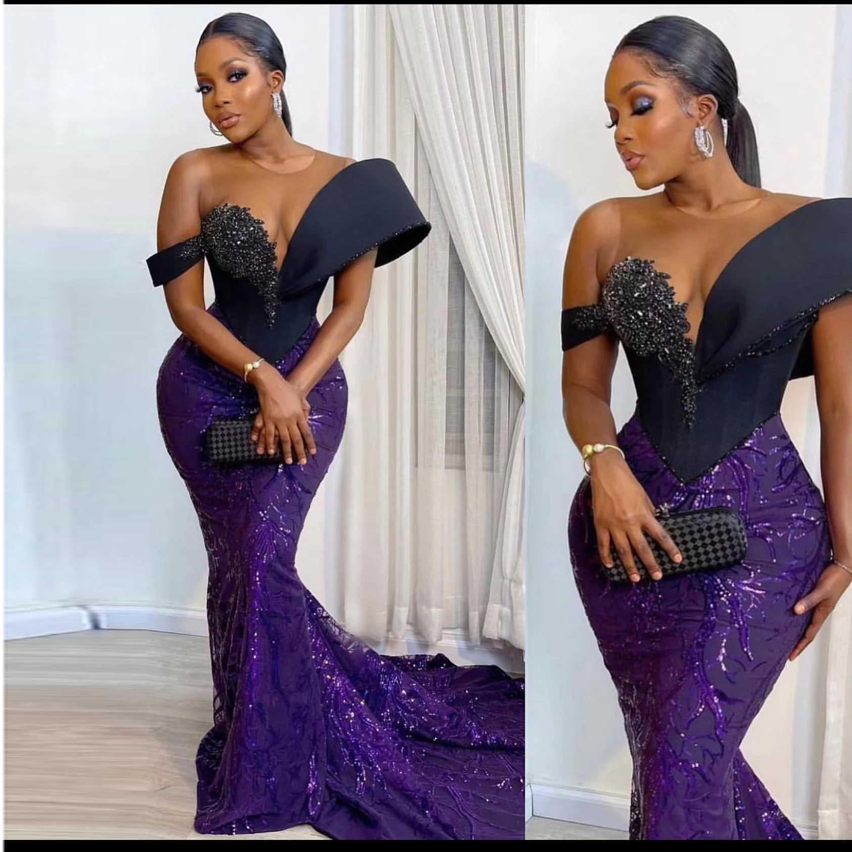 Роскошные фиолетовые Вечерние платья с блестками и бисером, со шлейфом, в пол, официальное платье-Русалка для выпускного вечера, платье для ...