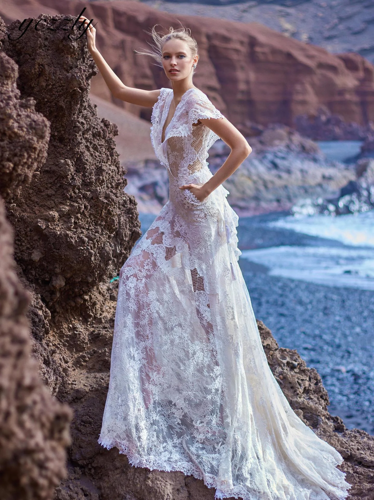

Yczzly Beach Wedding Dress For Women V-neck Mermaid Bride Dresses Wih Sleeves Long Lace Appliqued Vestido Novia W347