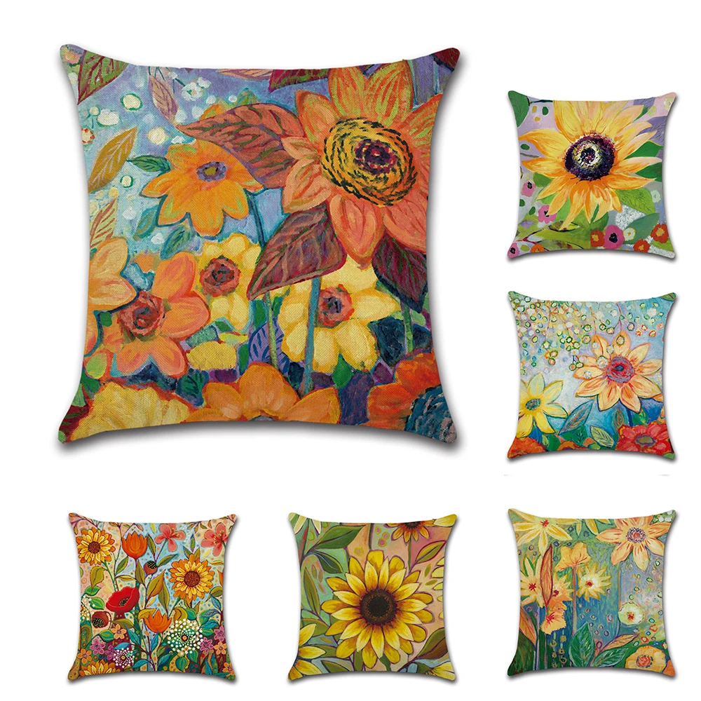 

Customizable Pillow Sofa Throw Pillowcase Home Decoration Sunflower Cushion Cover Handpainted Flower Pillowcase