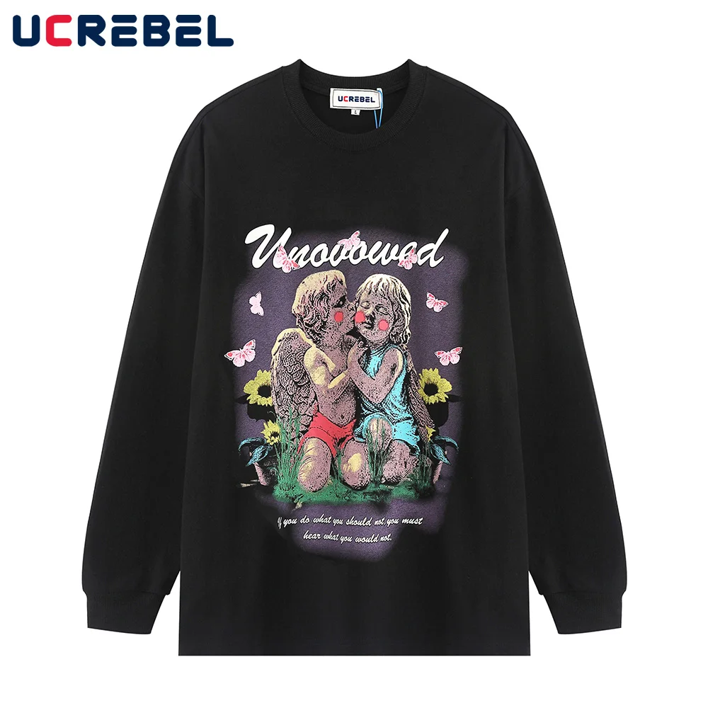 

Angel Print Loose Top Mens Autumn Streetwear Round Neck Cotton Tee Casual Drop Shoulder Long Sleeve T-shirt Men