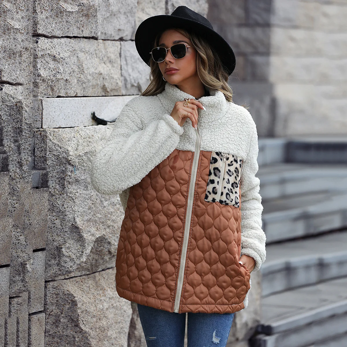 

New Casual Plush Women's Long Sleeve Loose Round Neck Splicing Zipper Animal Grain Double-sided Velvet Coat