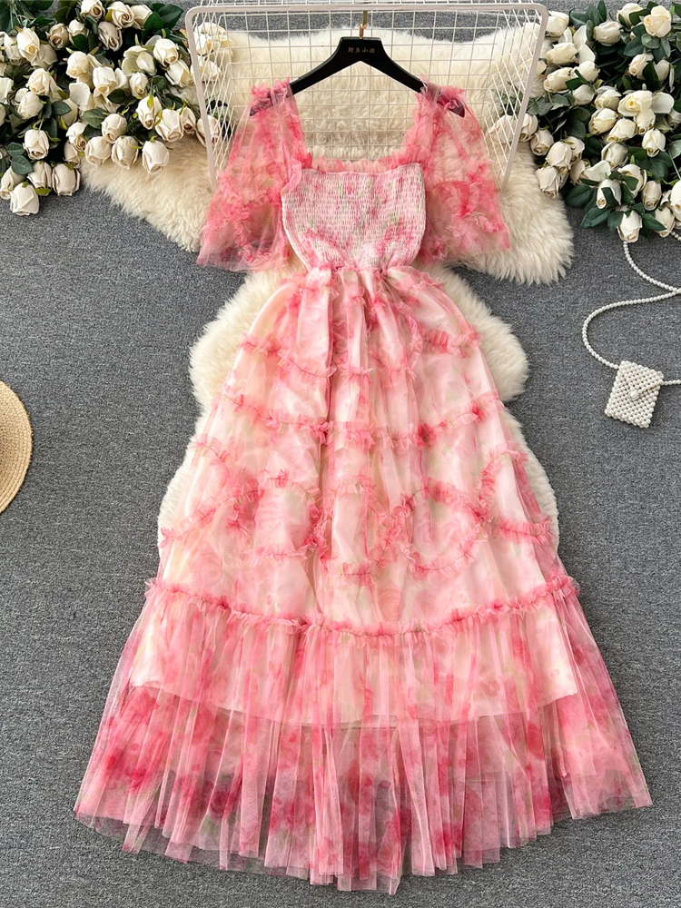 

Summer Women Sweet Mesh Long Dress Elegant Square Collar Short Sleeve Ruffle Hem High Waist Party Fairy Maxi Vestido New Fashion