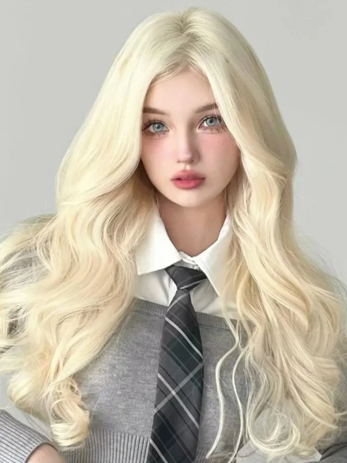 Wig Center Split Ins Extremely Light Platinum Wig Female Long Curly Hair Anchor Natural