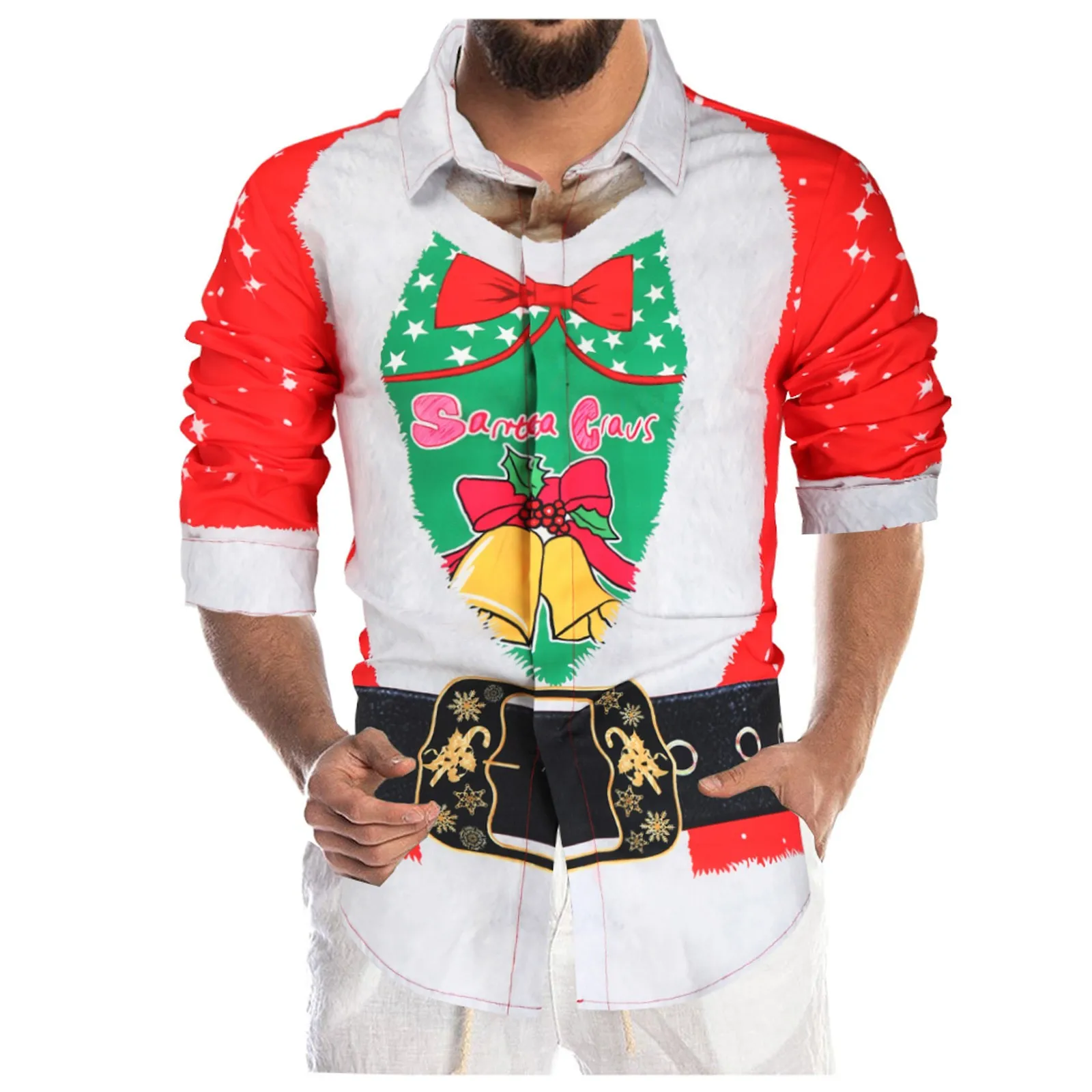 

Мужская Рождественская Модная рубашка, Повседневная рубашка с отложным воротником, Рождественская рубашка с 3D Цифровым принтом, мягкая Рож...