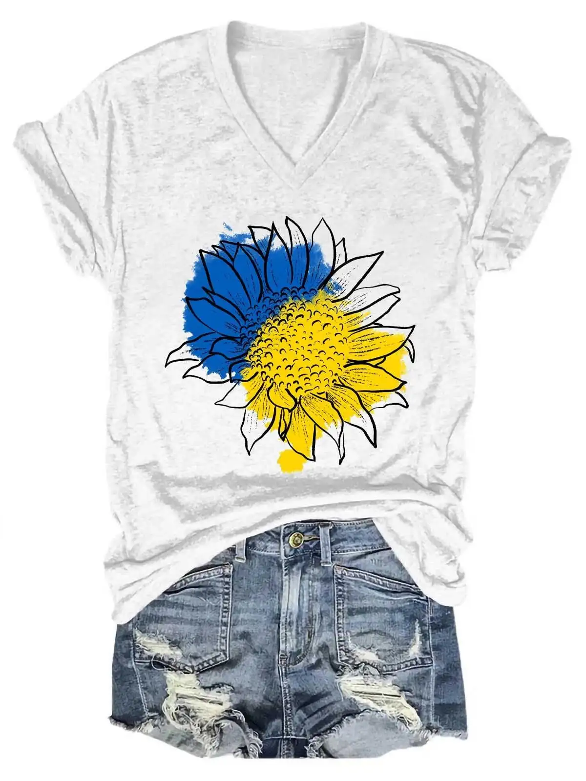 

Lovessales Womens Sunflower Peace I Stand With UKR Flag V-Neck Short Sleeve 100% Cotton T-shirt