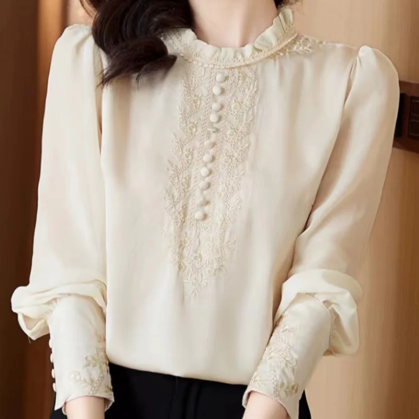

2023 Autumn Embroidery Silky Satin Blouse Shirt Woman Long Sleeve Loose Casual Single Breasted Elegant Top Female Blusas