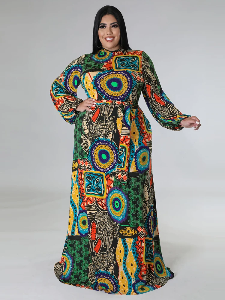 

ZJFZML ZZ Plus Size Aesthetic Print Floor Length Dresses for Women Folk Style Mock Neck Long Sleeve High Waist Party Club Dress