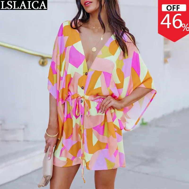 

Женская одежда для 2022, сексуальное платье на шнуровке с глубоким v-образным вырезом, Пляжное богемное свободное платье на пуговицах, модные ...