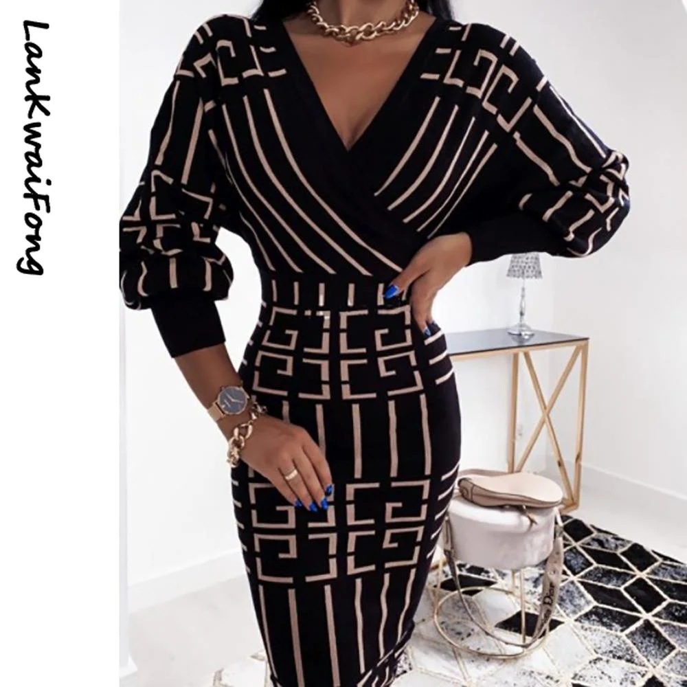 

LKF Elegant Women's Dress 3XL 2023 Spring Fashion Off Shoulder Deep V Cross Wrap Hip Long Sleeve Waistband Commuter Casual
