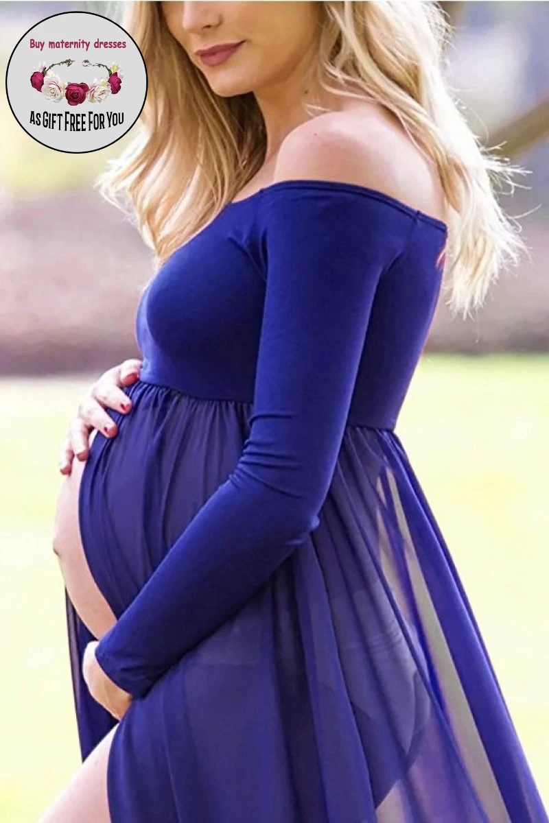 

Women split Maternity Dress for Photography Off-Shoulder Long Sleeves Mercerized Cotton Stitching Chiffon Maxi Dress