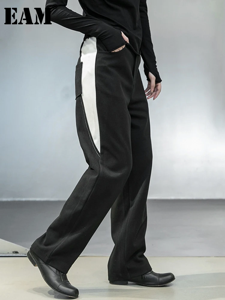 

[EAM] High Waist Black Line Split Joint Long Wide Leg Trousers New Loose Fit Pants Women Fashion Tide Spring Autumn 2022 1DA920