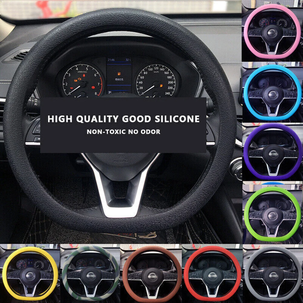 

1pc Auto Car Silicone Steering Wheel Cover Non-Slip Thin Grip Grey Lychee Grain Pattern Universal For 33cm-42cm Multiple Colour