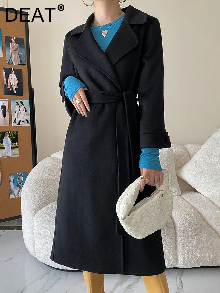 

Женское свободное шерстяное пальто DEAT, однотонное теплое шерстяное пальто с отложным воротником и длинным рукавом, на шнуровке, с поясом, но...