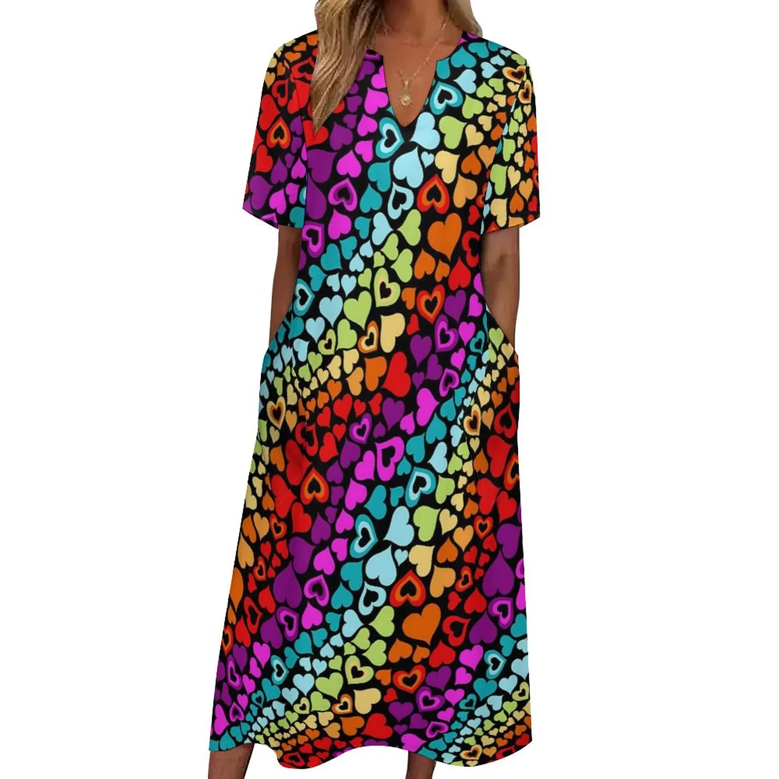 

Rainbow Love Hearts Dress Valentine Elegant Maxi Dress Aesthetic Boho Beach Long Dresses Ladies Short Sleeve Oversized Clothes