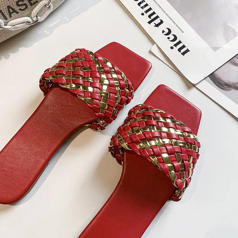 Summer Women Square Toe Flat Slippers Women's Casual Flip Flops Beach Sandals Ladies Flat Fashion Sandals Woman Weave Shoes