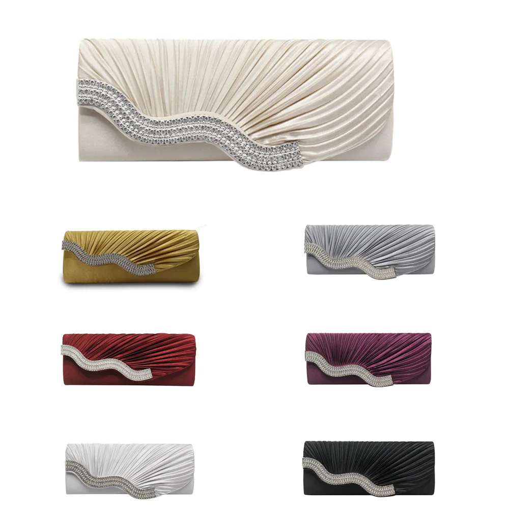 

Ladies Pleated Satin Diamante Women Evening Party Clutch Bag Fashion Lady Female Handbags For Wedding Bag