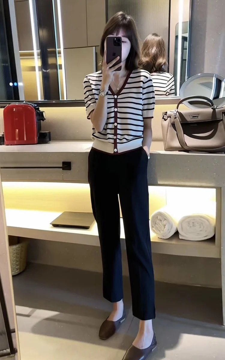 

2023 Spring/Summer Fashion New Women's Clothing Striped Ice Silk Linen T-shirt with Straight-Leg Pants Suit 0801