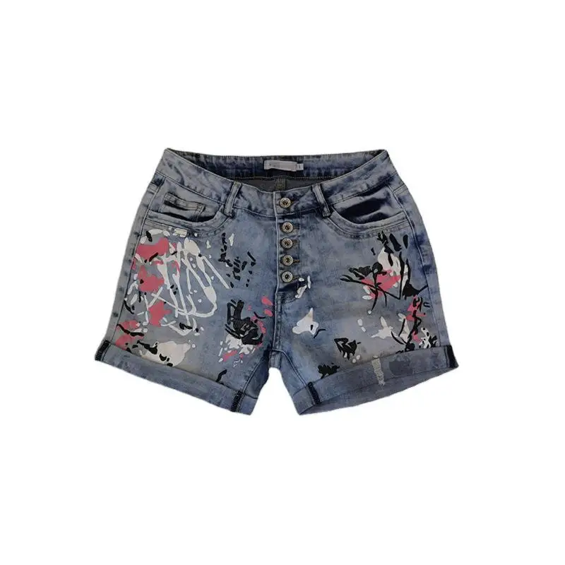 2022 Female Flower Casual Bottoms Harajuku Vintage Streetwears Summer New Plus Size Women's Denim Shorts Washed Printed Jeans