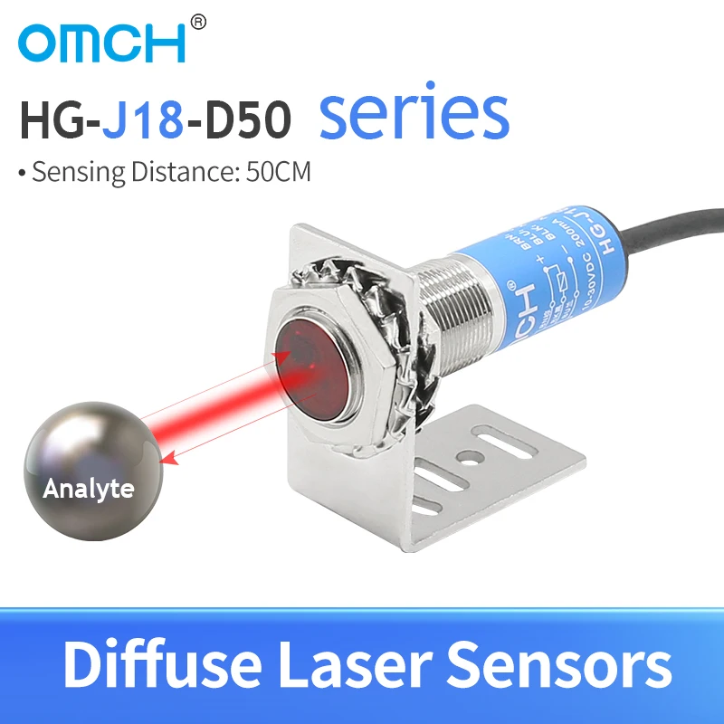 

OMCH M18 diffuse laser photoelectric sensor switch HG-J18-D50 Series detection range 50-500mm 0.5mm laser spot 200mA