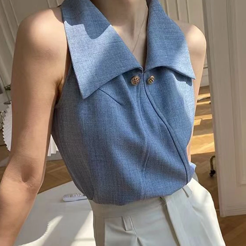 

Off-the-shoulder sleeveless shirt women's summer retro lapel top right-angle shoulder vest French design small shirt