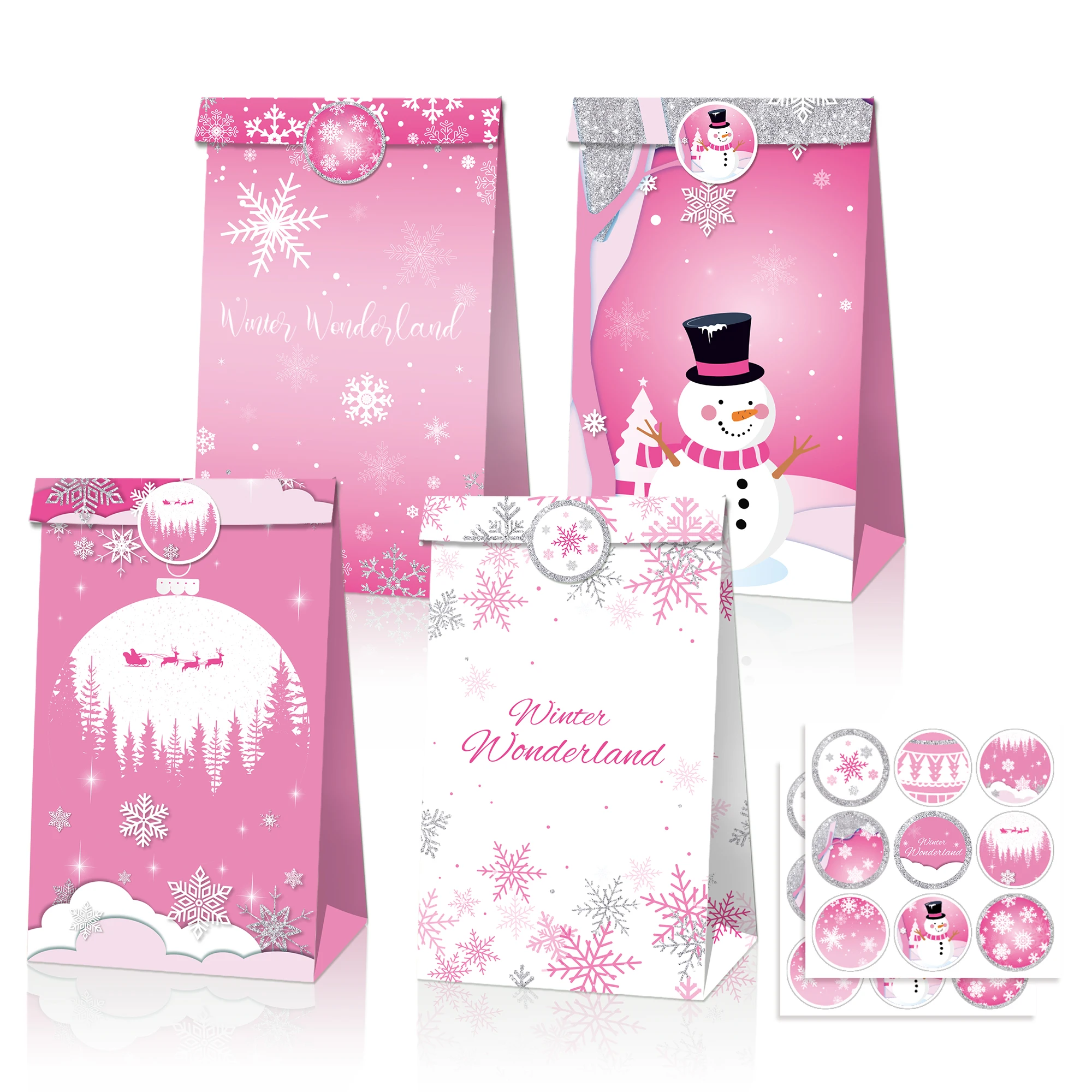 

LB202 12pcs Winter Wonderland Snowman Snowflakes Christmas Party Gift Bags with Sticker New Year Xmas Party Kraft Paper Supplies