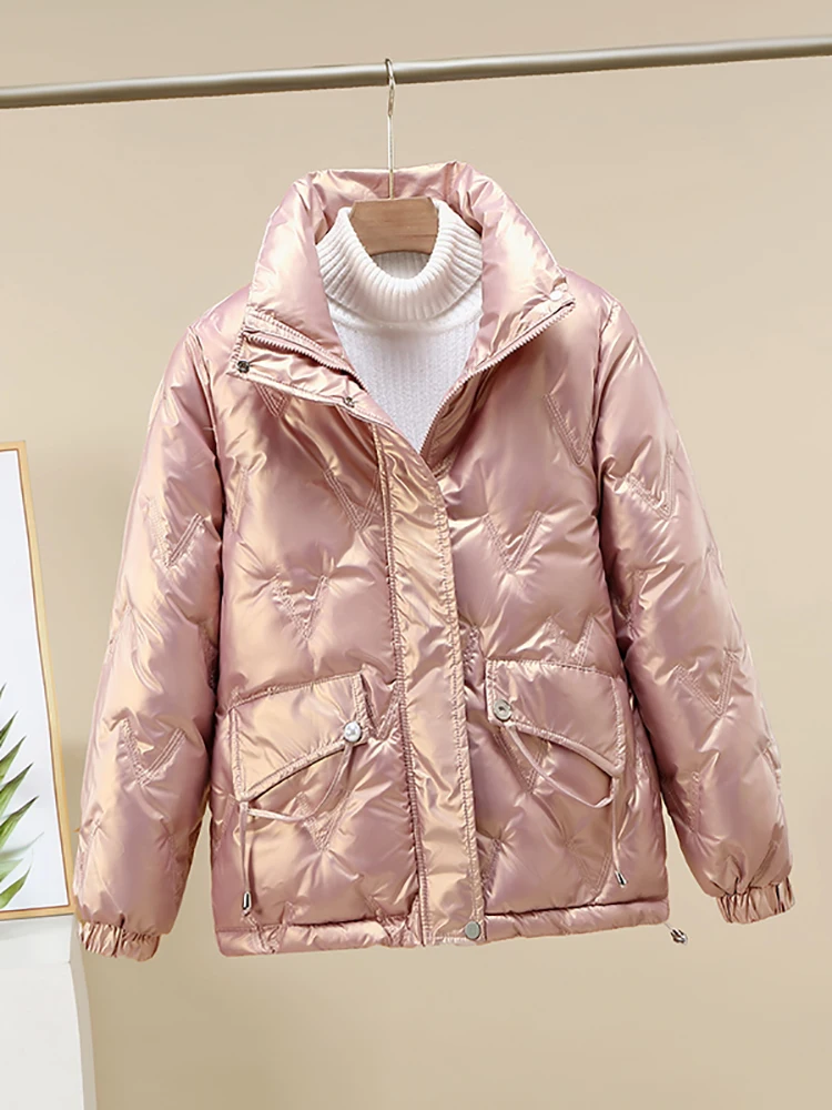 Women Jacket 2022 New Winter Parkas Female Glossy Down Cotton Jackets Stand Collar Casual Warm Parka Short Coat Female Outwear