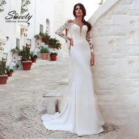 elegant mermaid wedding dress with soft satin lace empire bride dress full sleeve o neck customize button vestido de casamento