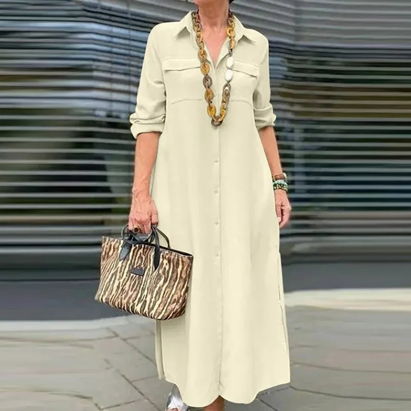 

2023 Casual Party Dress Elegant Office Lady Lapel Single Breasted Shirt Dress Retro Solid Patch Pocket Straight Long Dress Mujer
