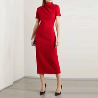 new high quality dress for women calf length solid color stand neck pullover summer and autumn red dress