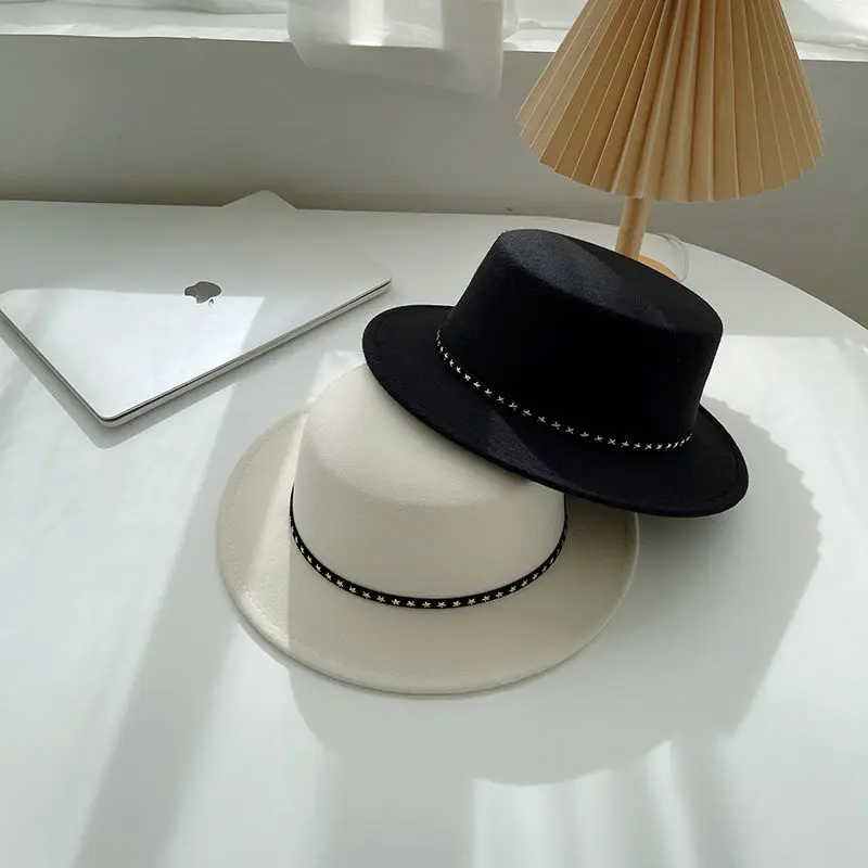 Women's British Vintage Woolen Hat Wide Brim Flat Top Hats Versatile Autumn And Winter Sunshade Felt Cap