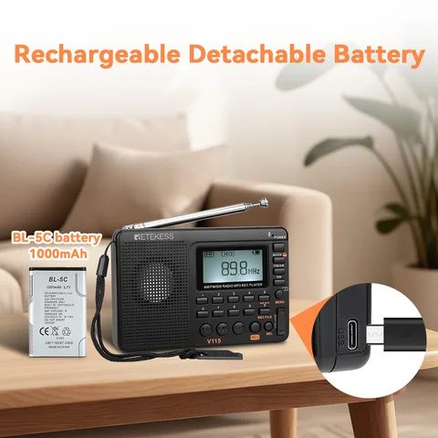 Портативное радио RETEKESS V115 с AM/FM, черное — фото устройства