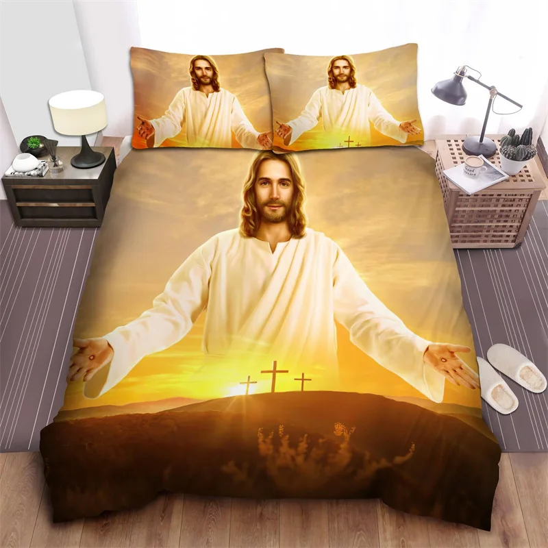 3D İsa yorgan yatak örtüsü seti Hıristiyan kutsal İsa Polyester yatak seti çapraz yorgan örtüsü Christian Jesus kral için uygun