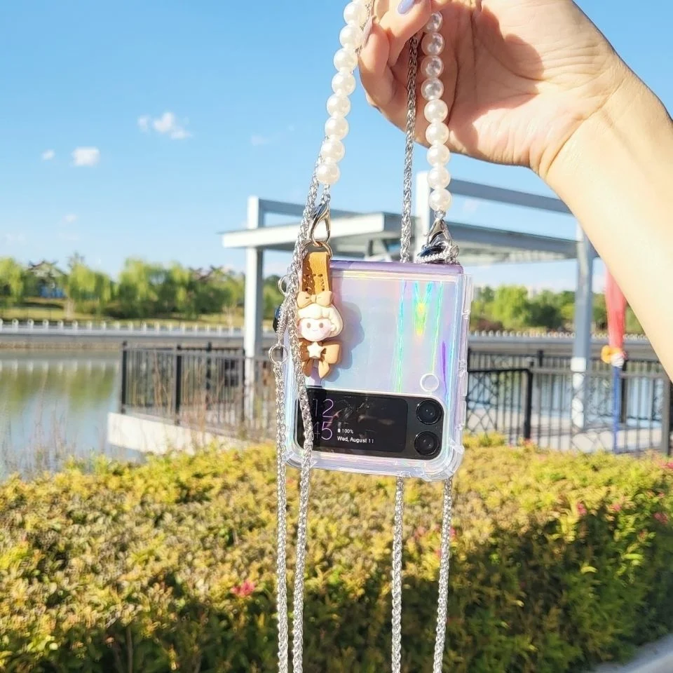 

For samsung zflip3 mobile phone case folding for Z flip3 transparent case for f7110 folding screen women's portable Lanyard