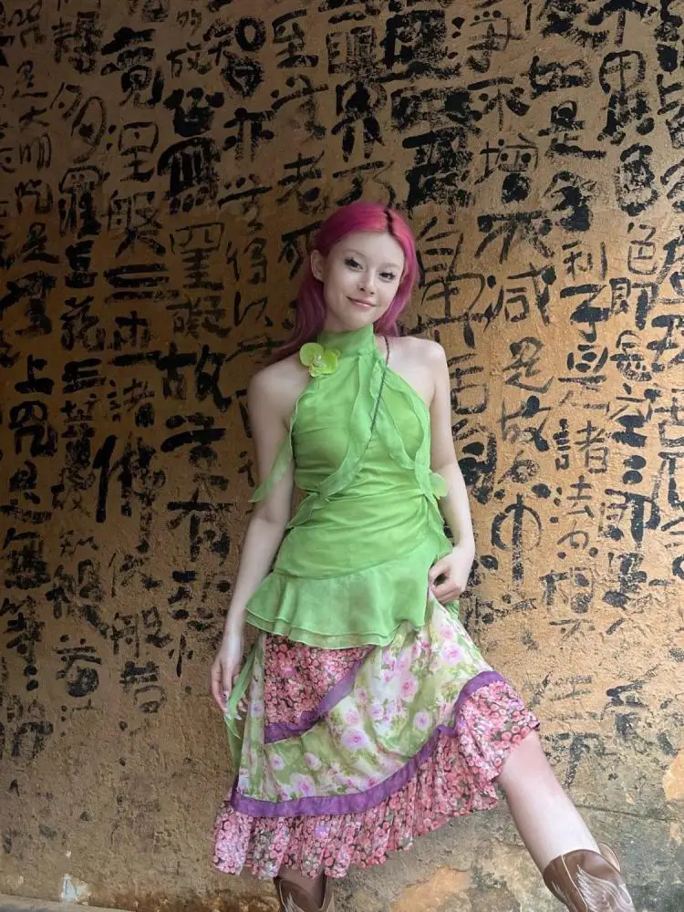 Yedinas Асимметричные волнистые зеленые топы с лямкой через шею футболки без