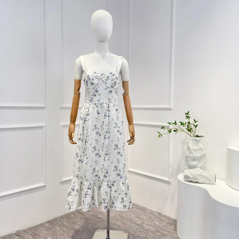 2023 Summer Women Fashion New Collection White Linen Printed Prairie Chic Spaghetti Strap Mid-calf Dresses
