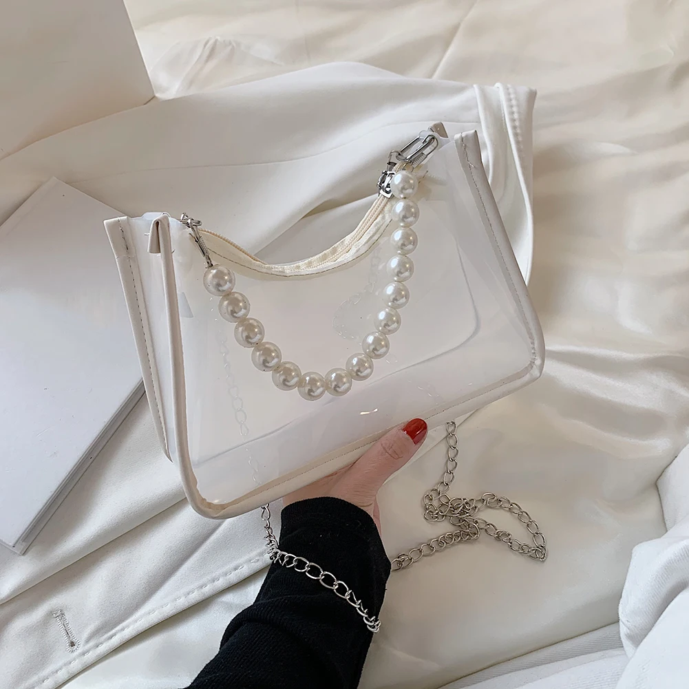 

2021 Women Transparent Messenger Bag Vintage Ladies Pearl Chain Small Hobos Handbags Elegant Ladies Shoulder Bag