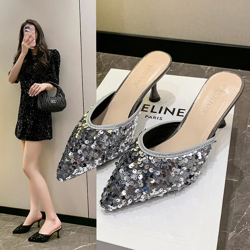 Роскошные женские летние шлепанцы на высоком каблуке с блестками корейское