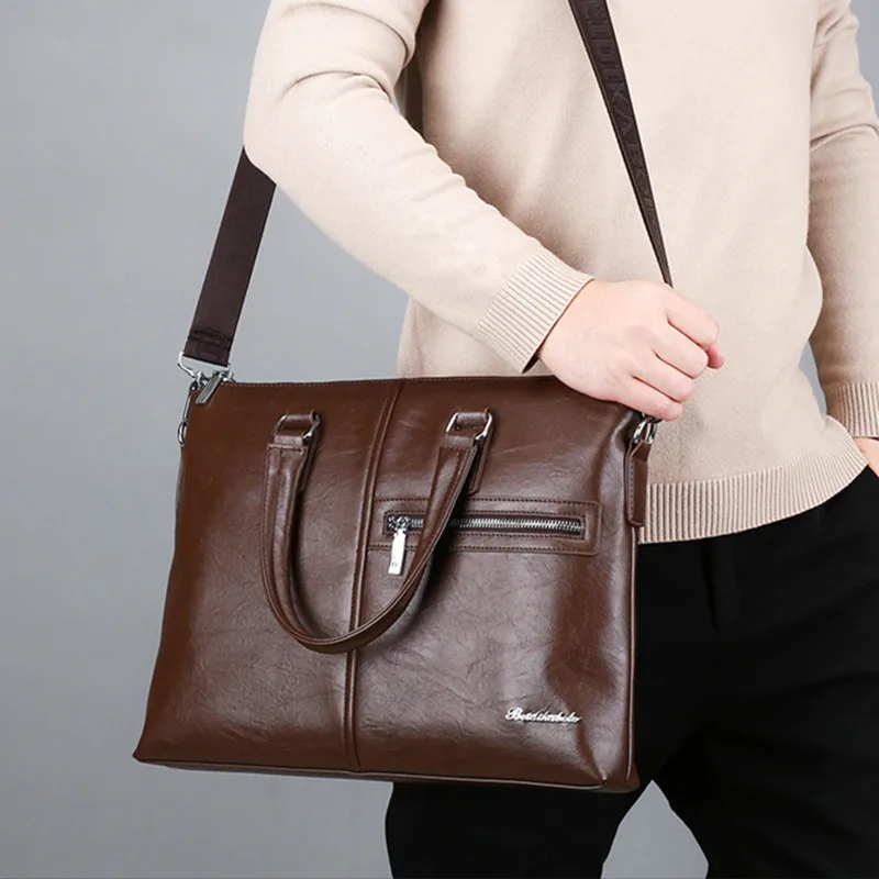 Luxury PU Leather Men Zipper Briefcase Vintage Handbag Business Shoulder Messenger Bag Large Capacity Male Laptop Bag