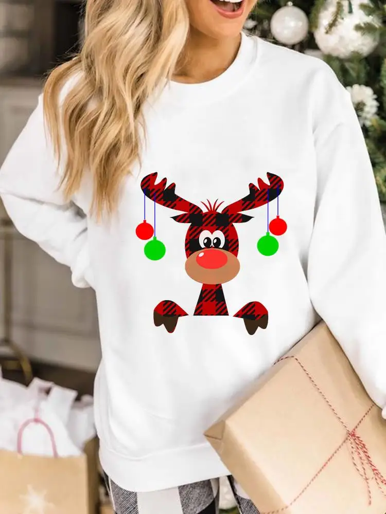 

Plaid Sweet Deer Animal Cute Printed Pullovers Merry Christmas Women Ladies Fashion Gift Graphic Sweatshirts Female Clothing