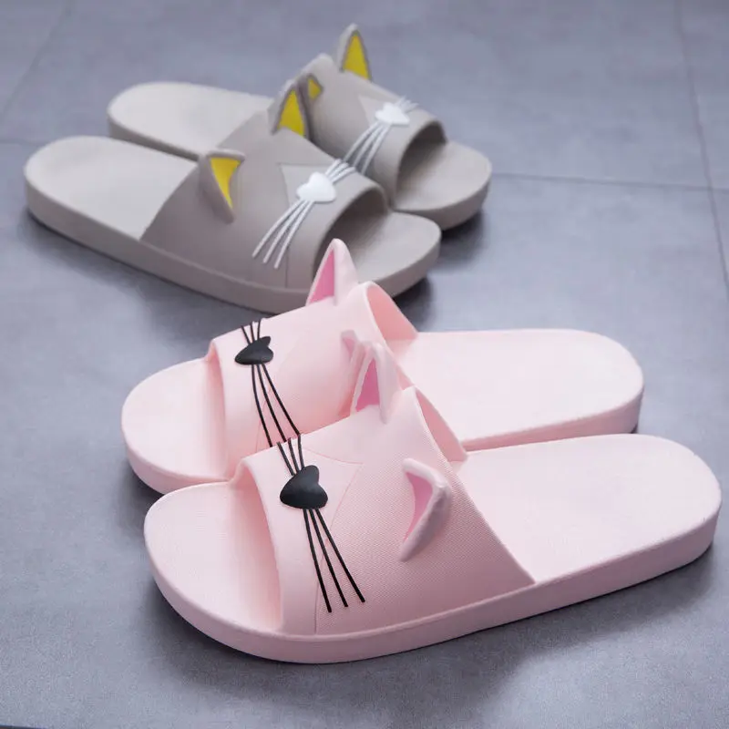 New Summer Slippers Women Home Shoes Sandals Cartoon Cats Flip Flops Men Couple's Soft Sole Bathroom Slippers Zapatillas