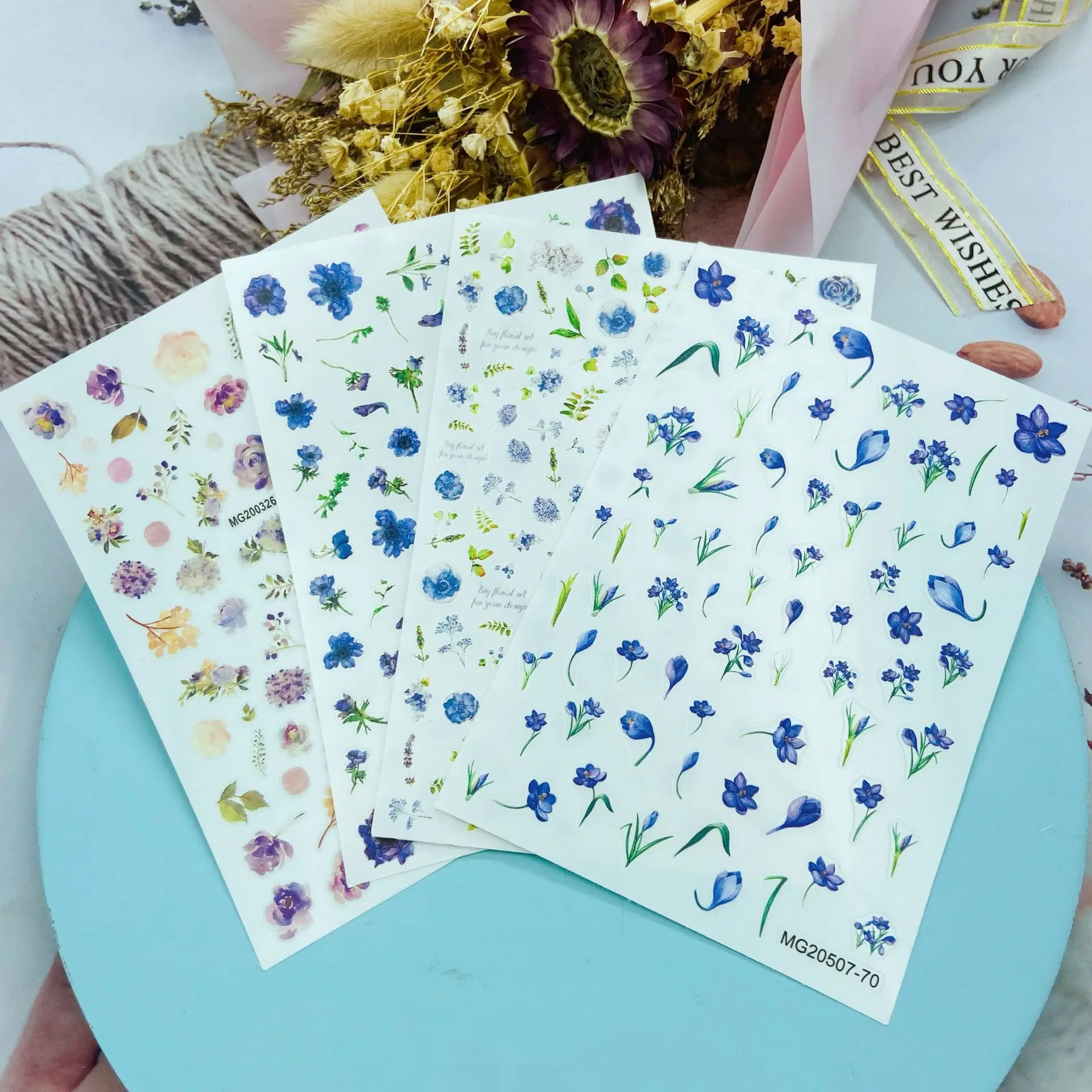 

New Fresh and Elegant Blue Flower Pattern Nail Stickers Self-adhesive Transfer Stickers 3D Slippery DIY Stickers Decoration