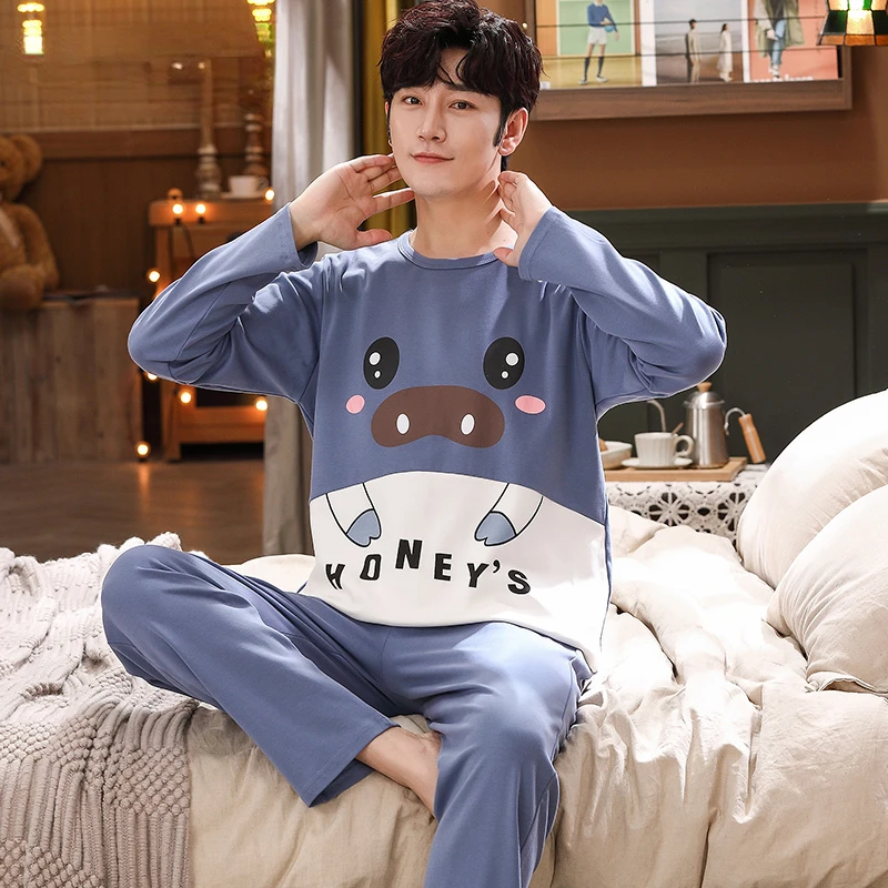 Big Size Autumn New Mens Casual Pajamas Set Cotton Long Sleeve Kawaii Bear Cartoon Printing Sleepwear for Men Pijama for Boy