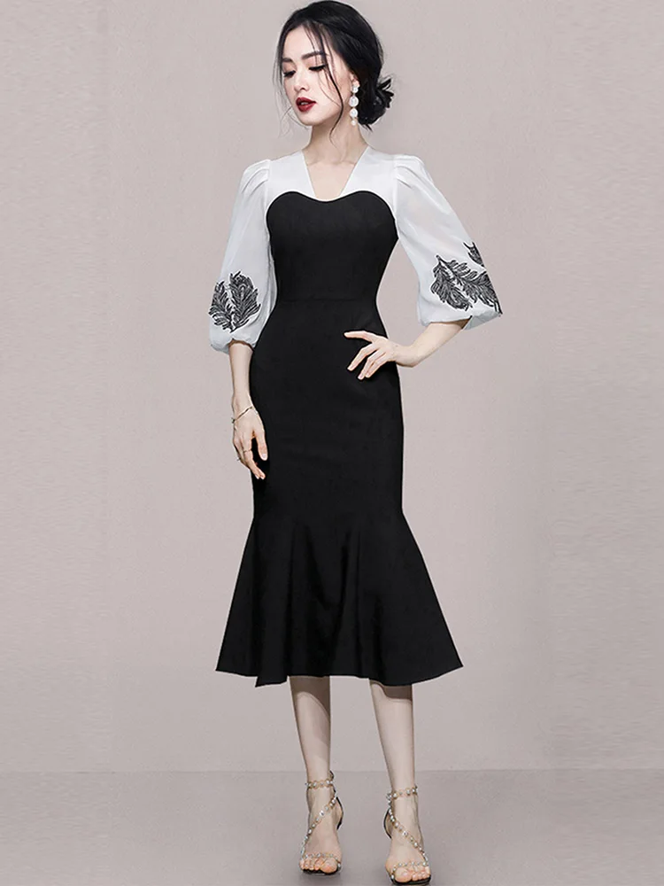 Элегантное Черное офисное платье осень 2024 белое винтажное с V-образным вырезом