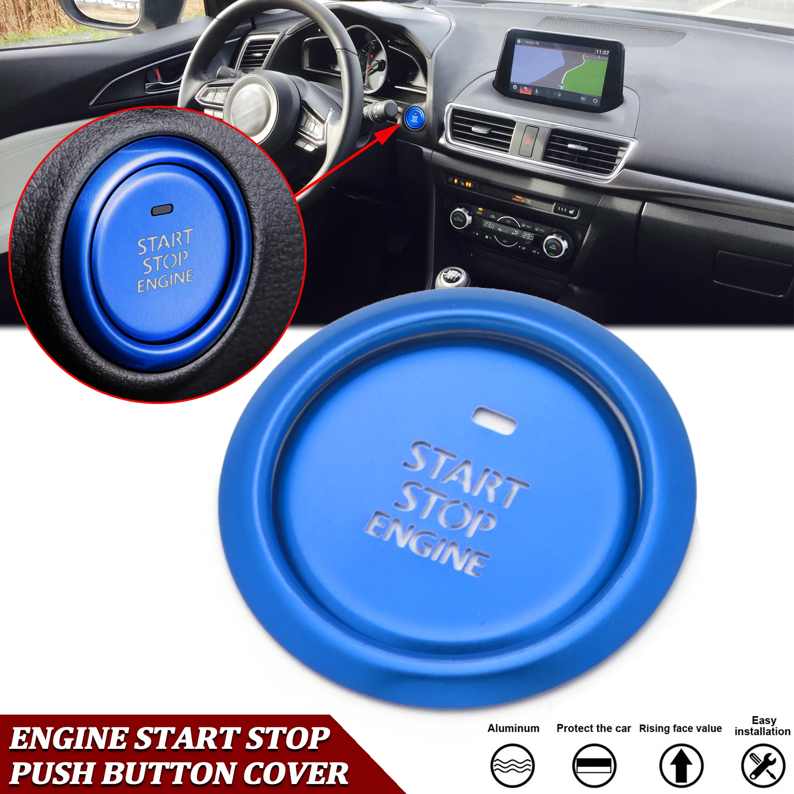 

Синяя внутренняя алюминиевая крышка кнопки запуска и остановки двигателя + охватывающее кольцо, Формовочная отделка, гоночный спортивный стиль для Mazda 3 2020 и выше