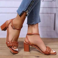 plus size gladiator high heel shoes for women sandals summer 2022 new fashion thick heel square head woven buckle sandals woman