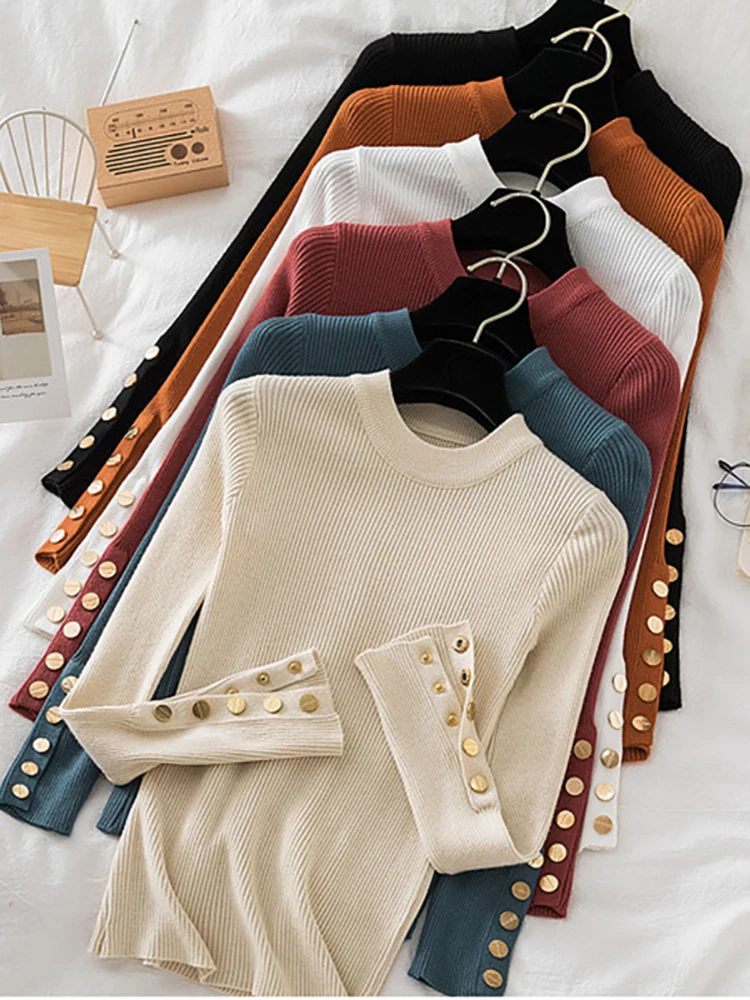 2023 women thick sweater pullovers khaki casual autumn winter button o-neck chic sweater female slim knit top soft jumper tops