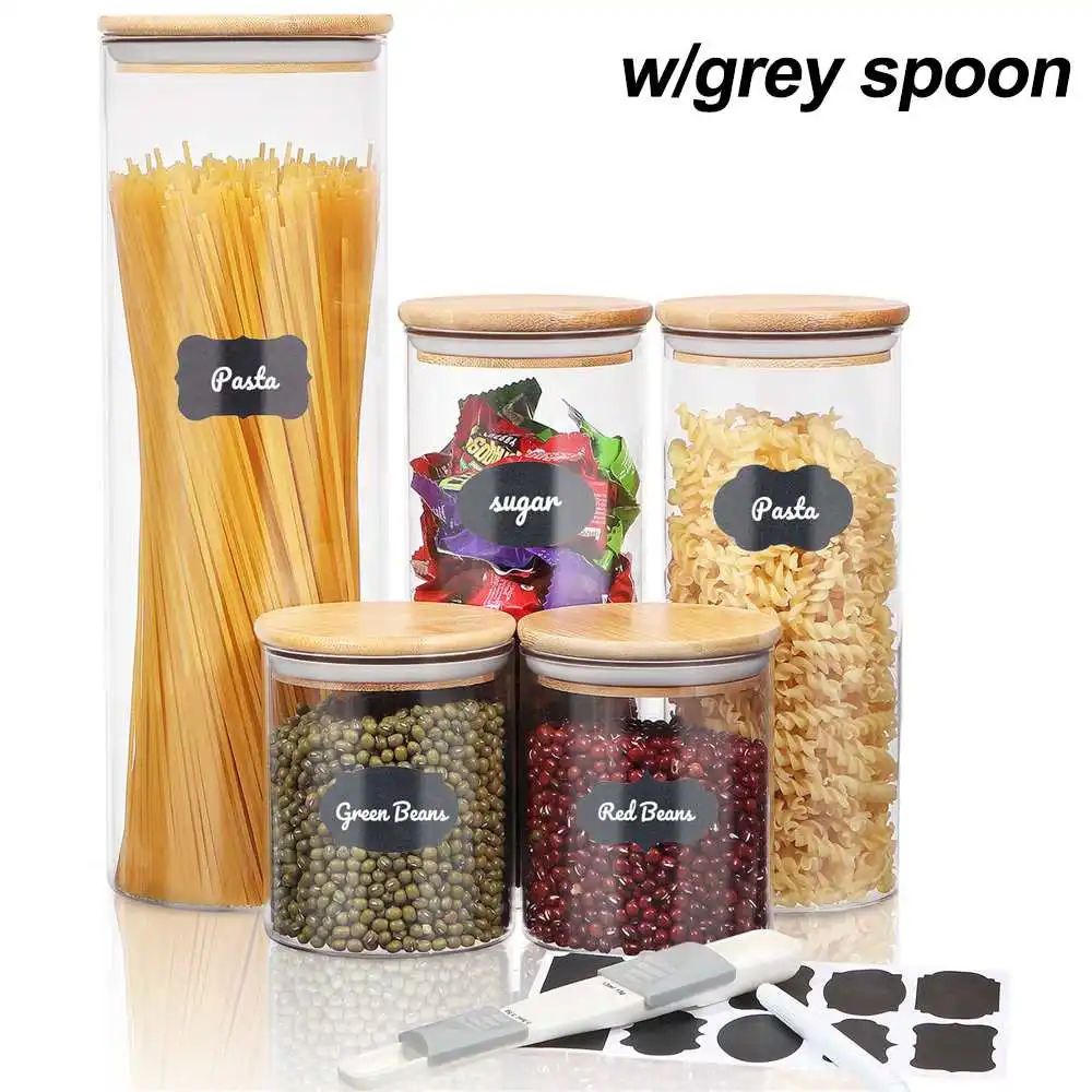 

Kitchen Storage Bottles Jar Sealed Food Container Spice Bean Coffee Beans Grains Jars Wood Lid Glass Airtight Canister 5 Pcs