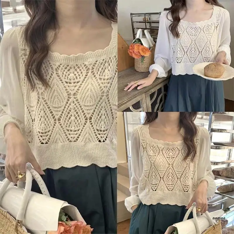 

Women Crochet Knit Solid Color Blouse Retro Puff Long Sleeve Embroidery Crop Top
