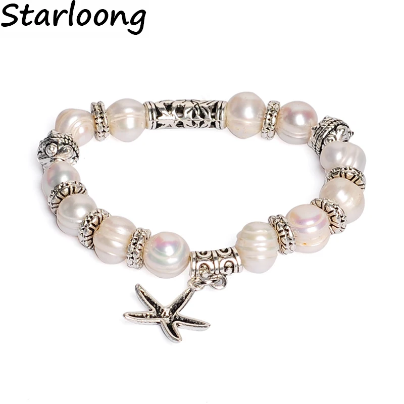 New fashion round Natural freshwater pearls beads bracelet alloy starfish charm spacers beads strand bracelets for women Pulsera