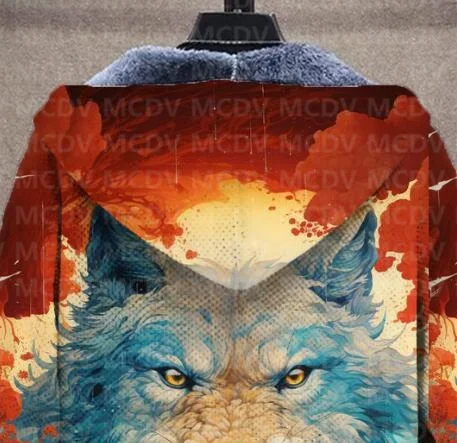 Мужская Флисовая Куртка с капюшоном и принтом волка длинным рукавом